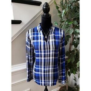 Est. 1946 Blue Plaid Long Sleeve Blouse Pullover Split Neck Casual Shirt Large